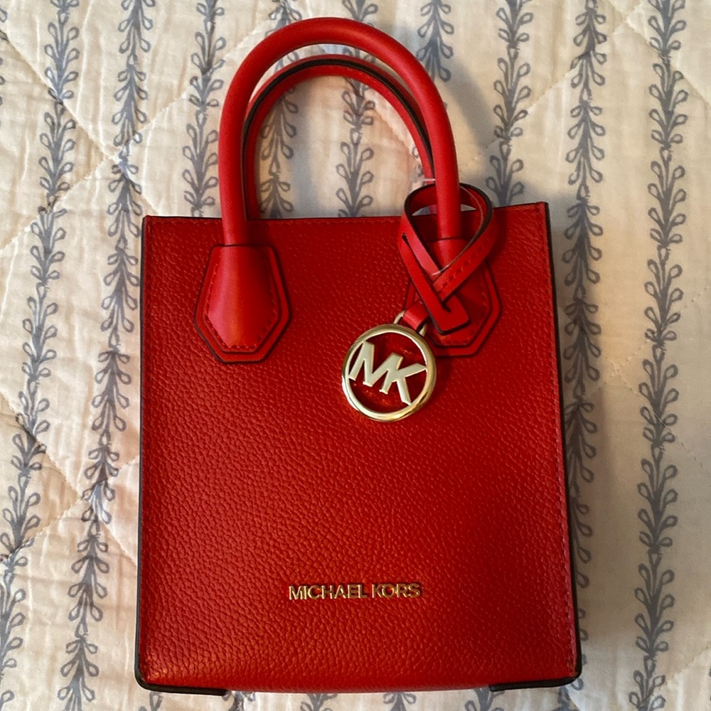 MK red leather hand bag